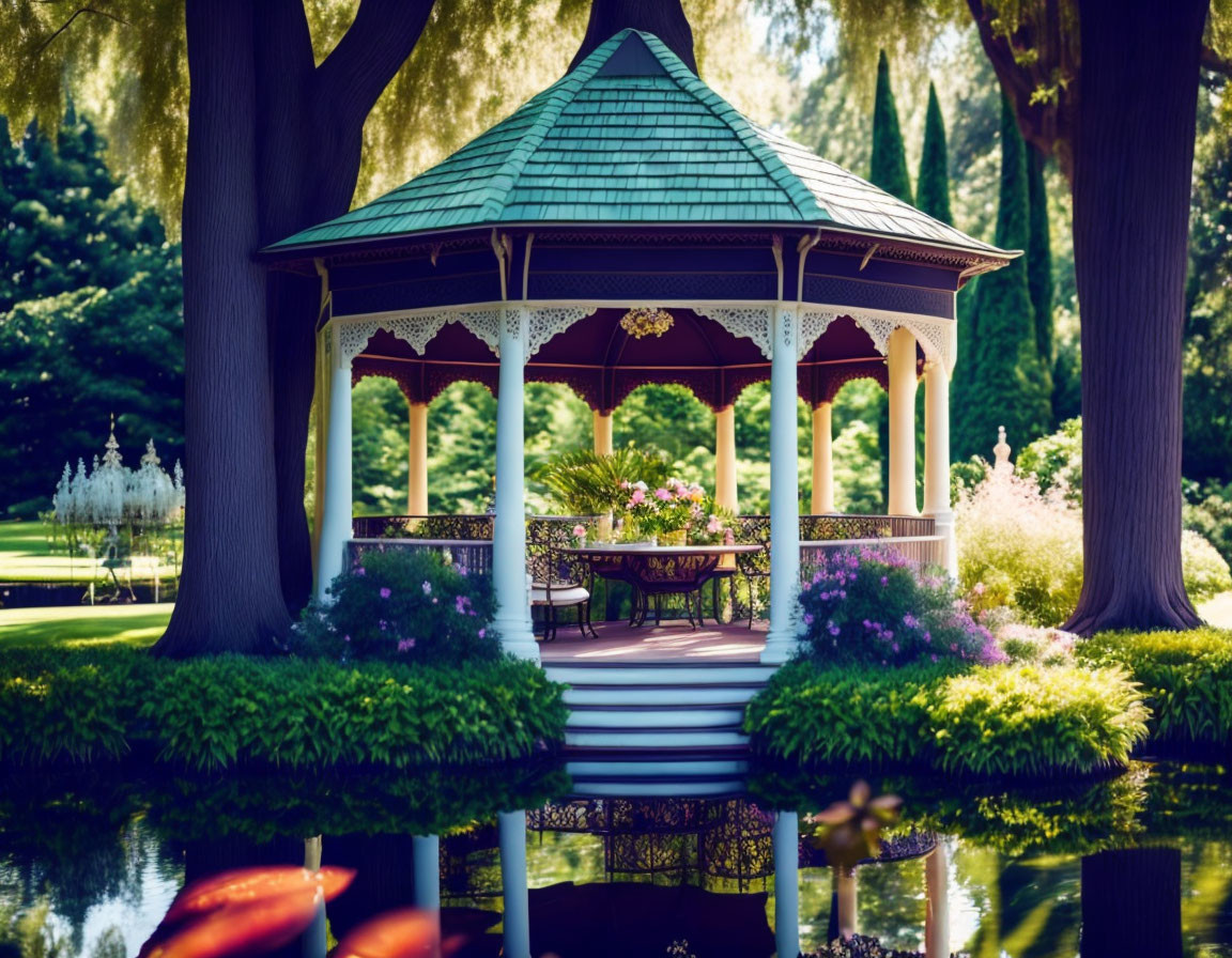 Tranquil pond reflection of gazebo, trees, and flowers