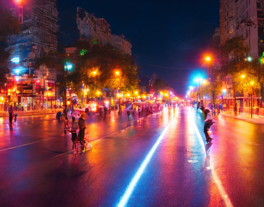 Vibrant neon lights illuminate bustling night street