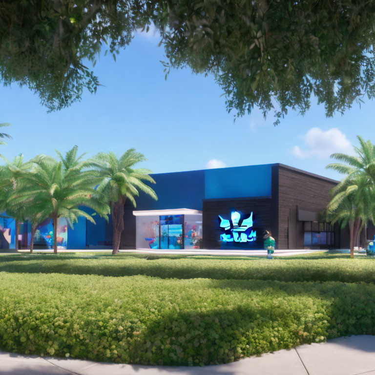 Blue facade commercial building with palm trees and green hedges under clear sky