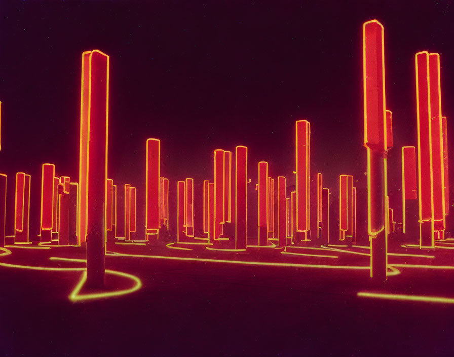 Abstract art installation: Glowing neon red lights on vertical rods