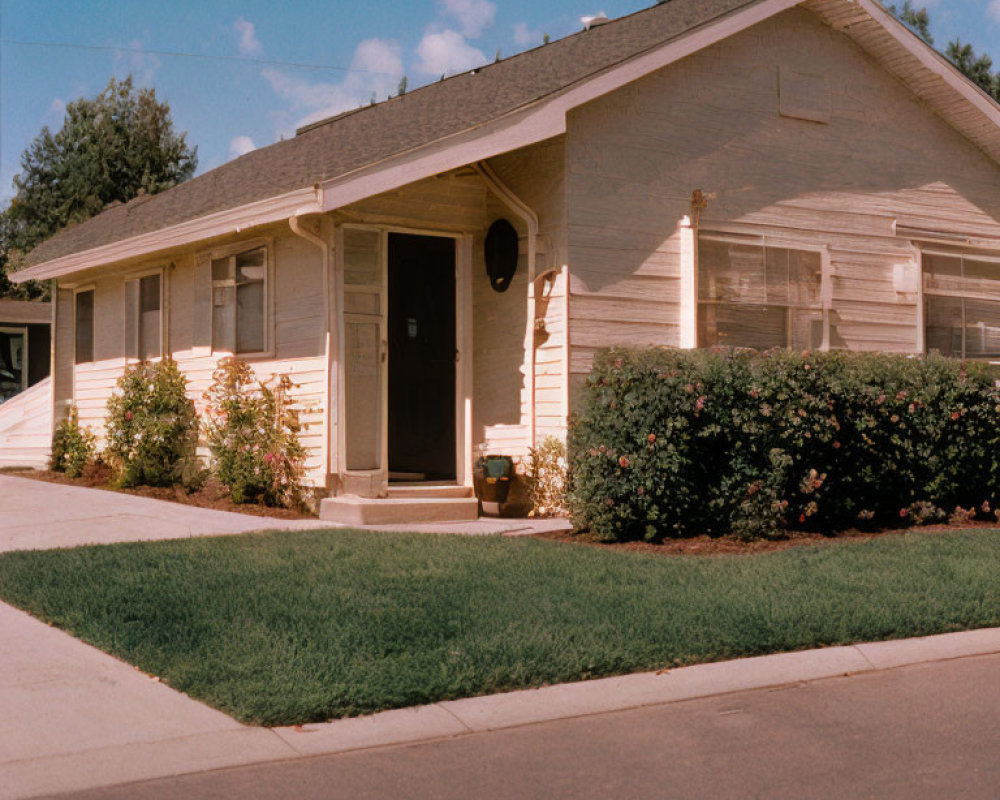 Beige single-story house with white trim and neat lawn under blue sky