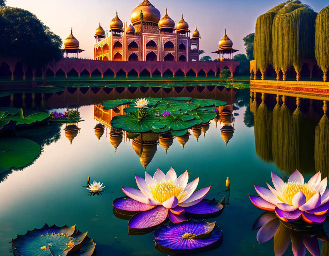 Lotus flowers on tranquil pond by ornate building at sunset