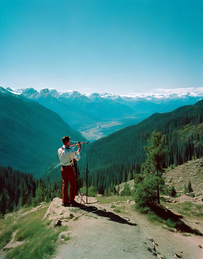 Person with binoculars on forested mountain trail overlooking snow-capped peaks