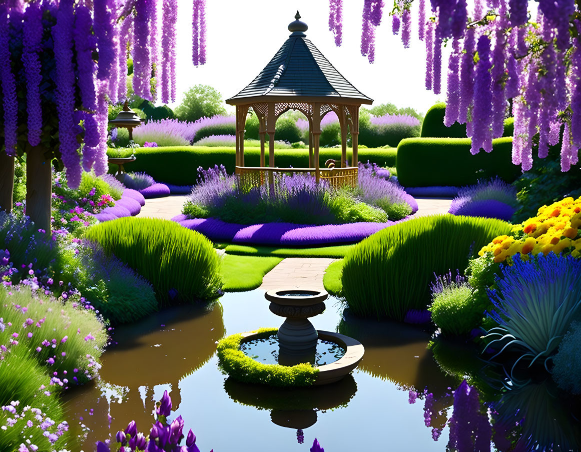 Tranquil garden with gazebo, wisteria, pond, and colorful flowers