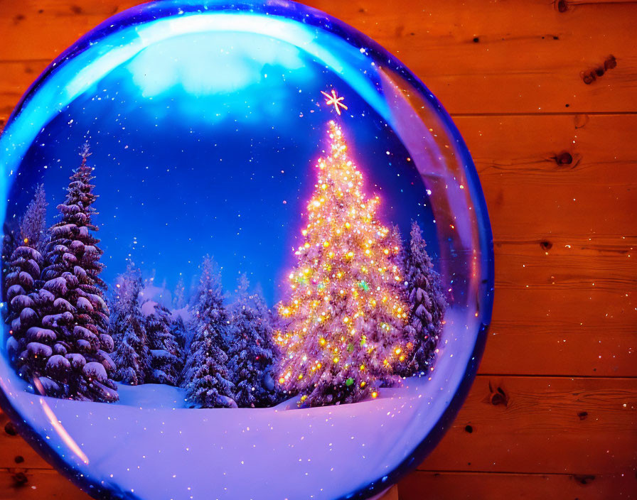 Snowy landscape with illuminated Christmas tree through cabin window