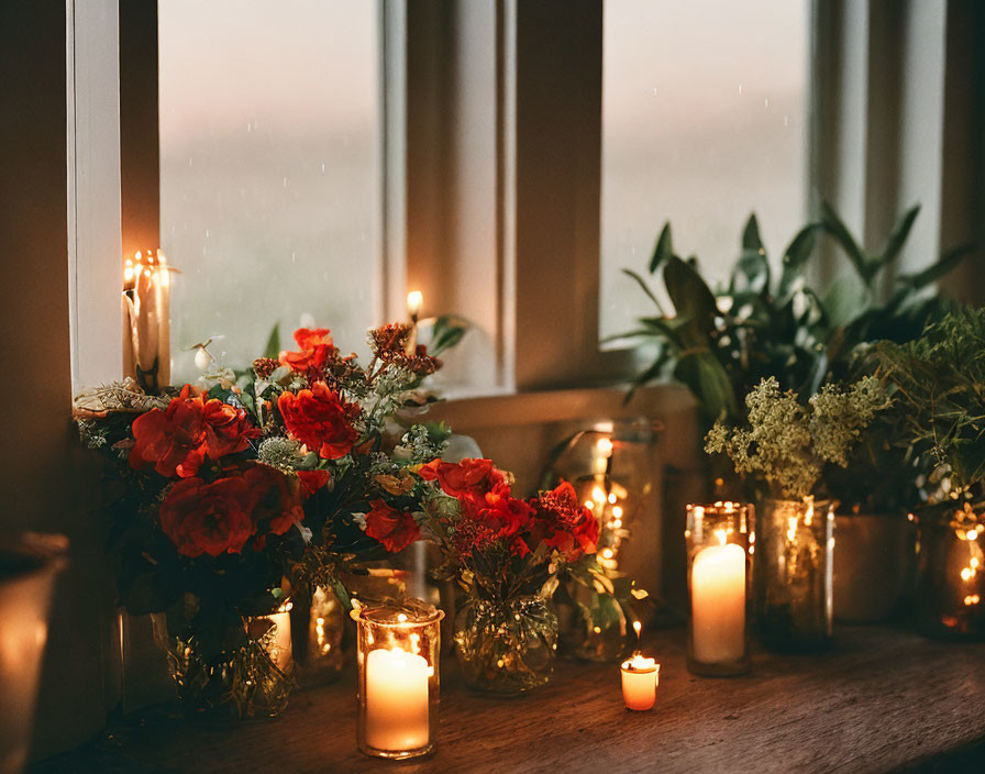 Windowsill with red flowers and candles, cozy ambiance with blurred outdoor view