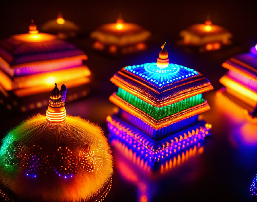 Colorful Lanterns with Intricate Patterns on Dark Background