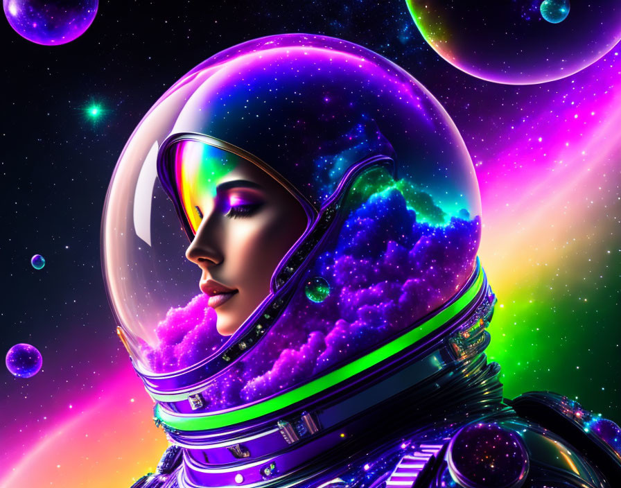 Female astronaut illustration with galaxy-filled helmet in cosmic space.