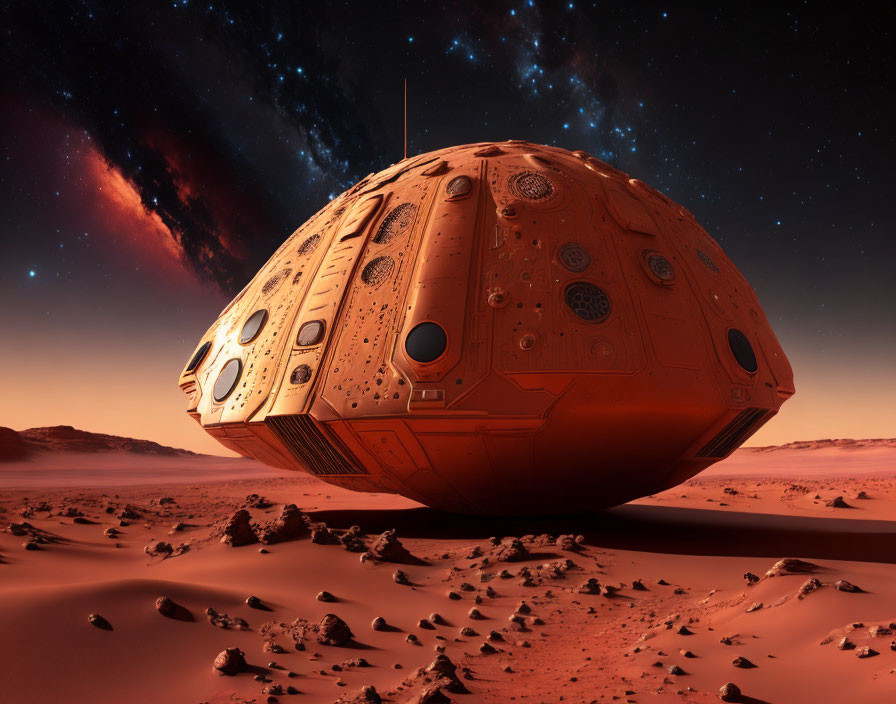 Futuristic spacecraft on barren Martian landscape with starry sky