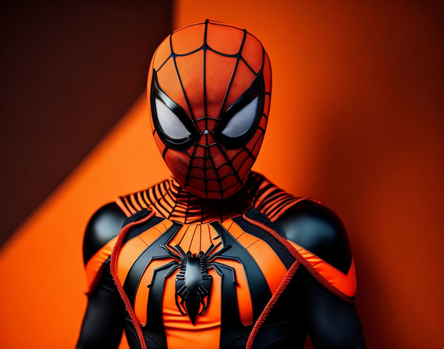 Detailed Spider-Man Costume with Black Spider Emblem on Orange Backdrop