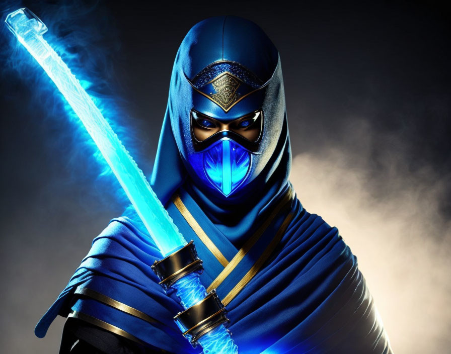 Blue Ninja Figure Wielding Glowing Sword in Misty Setting