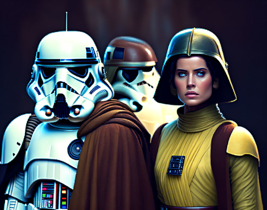 Three Star Wars characters featuring stormtrooper, background stormtrooper, and female in yellow outfit.