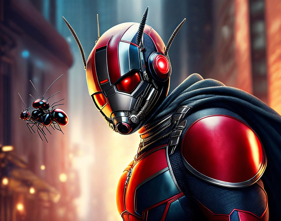 Red and Black Superhero Suit with Helmet and Antennae in Urban Setting