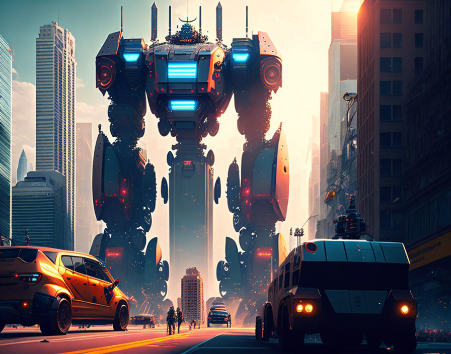 Futuristic cityscape with towering robots and military vehicle under warm sky