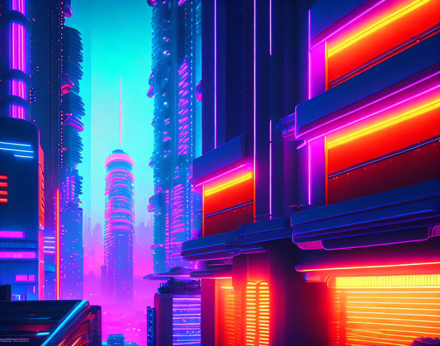 Futuristic neon-lit cityscape with glowing skyscrapers