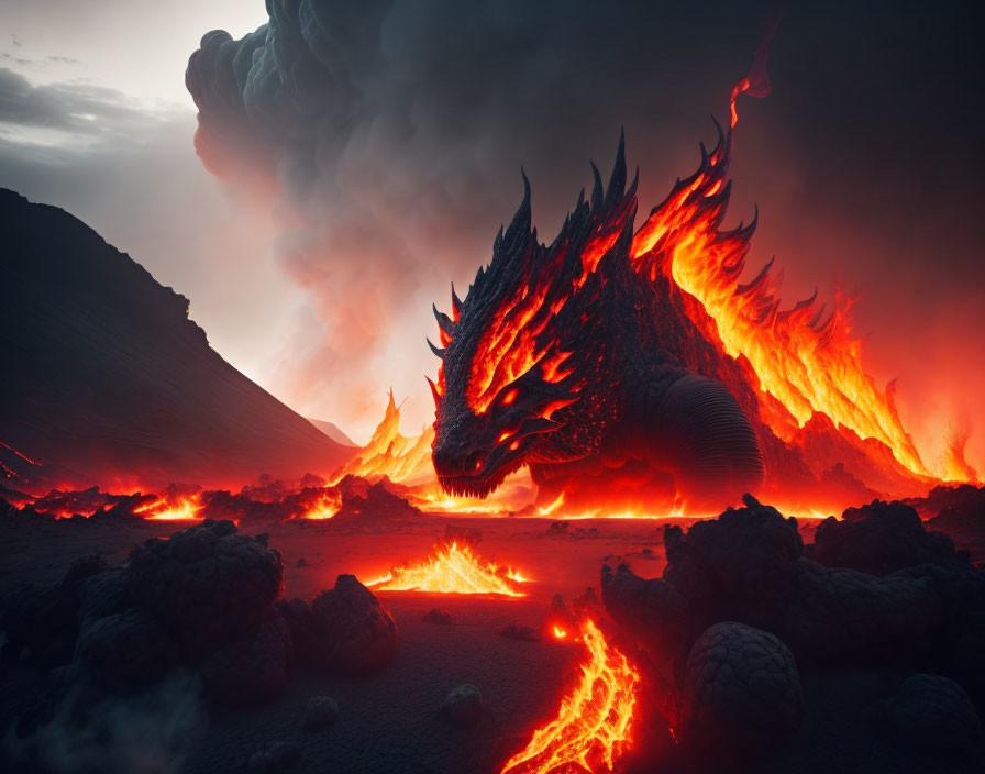 Fiery dragon breathing lava in volcanic landscape