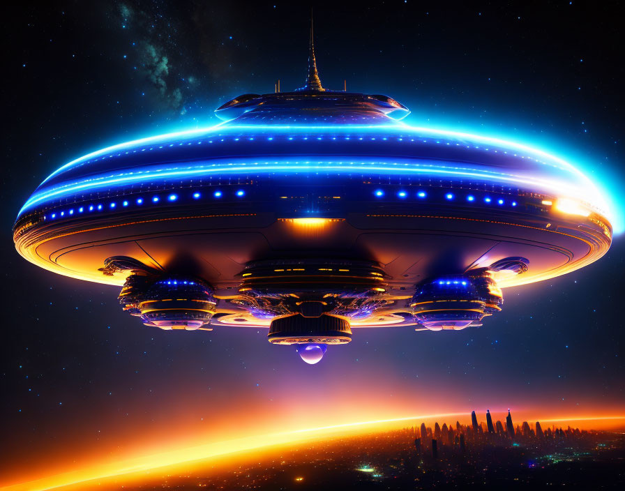 Futuristic spaceship with blue lights above orange planet horizon