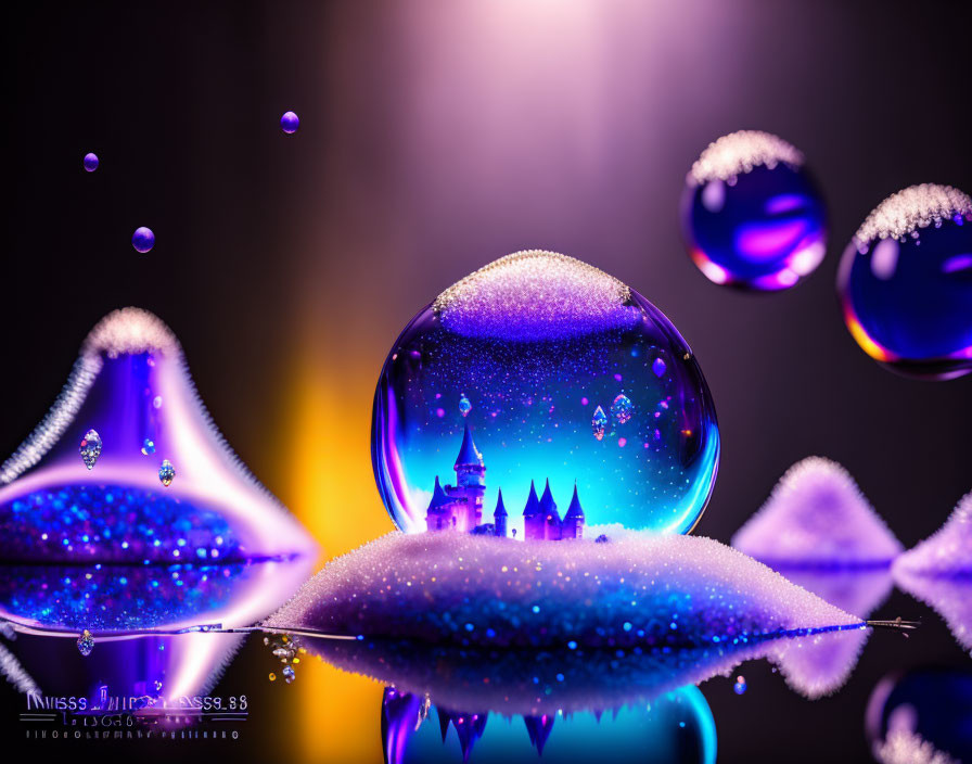 Reflective Glittery Bubble Macro: Castle Silhouette, Orange & Purple Hues