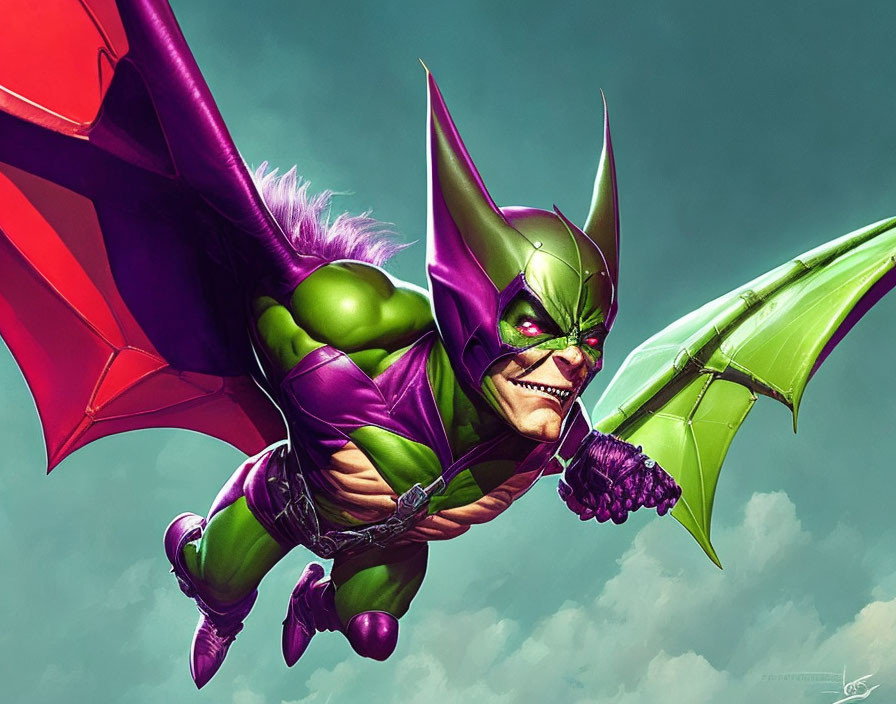 Muscular green figure in purple costume with wings flying menacingly