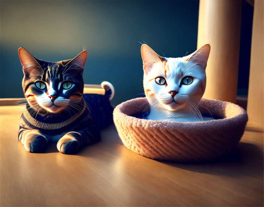 Two animated cats with blue eyes in sweaters by a cat bed under warm light