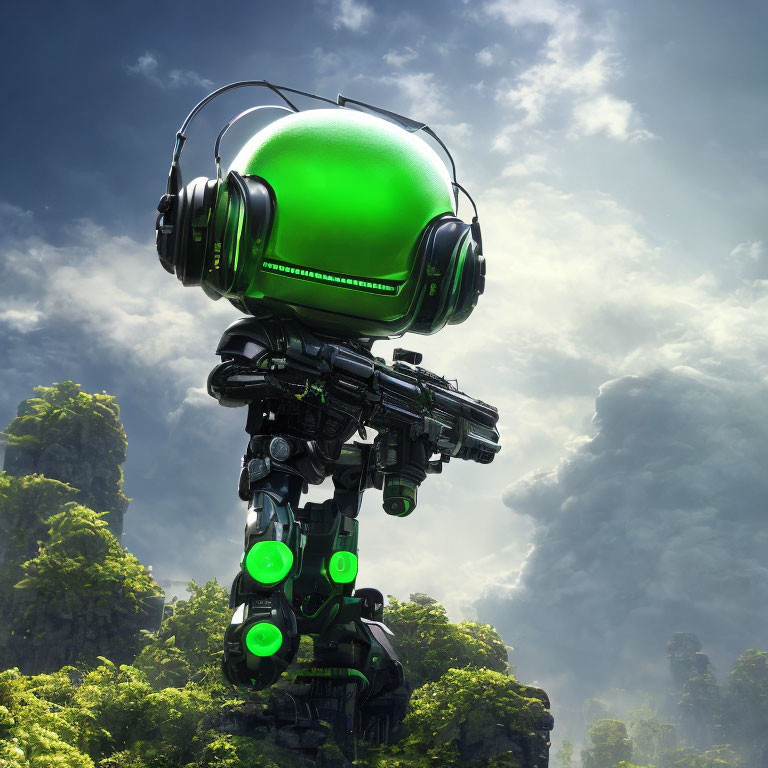 Futuristic robot with green spherical head in rocky landscape