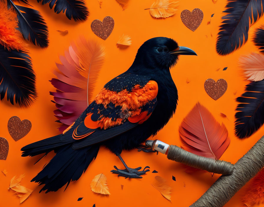 Black raven surrounded by orange feathers and heart confetti on orange backdrop.