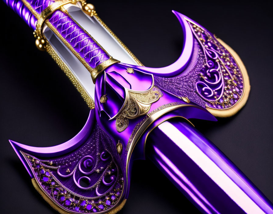 Intricate Purple and Gold Ceremonial Sword on Black Background