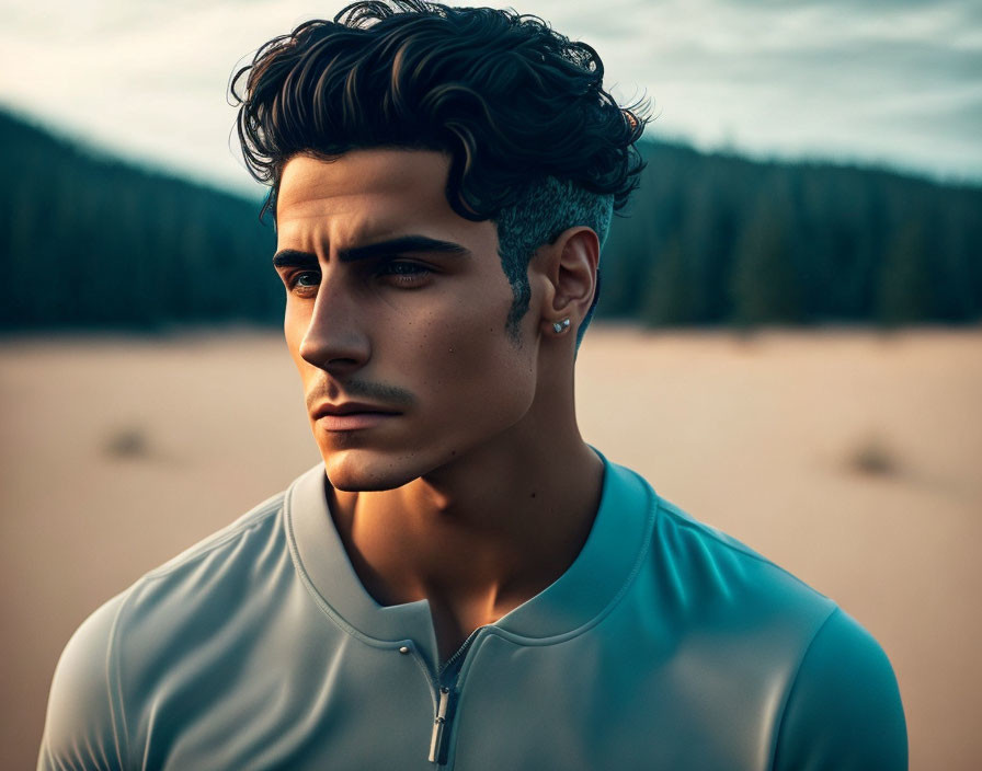 Serious man with wavy hair in light blue sports top at sunset