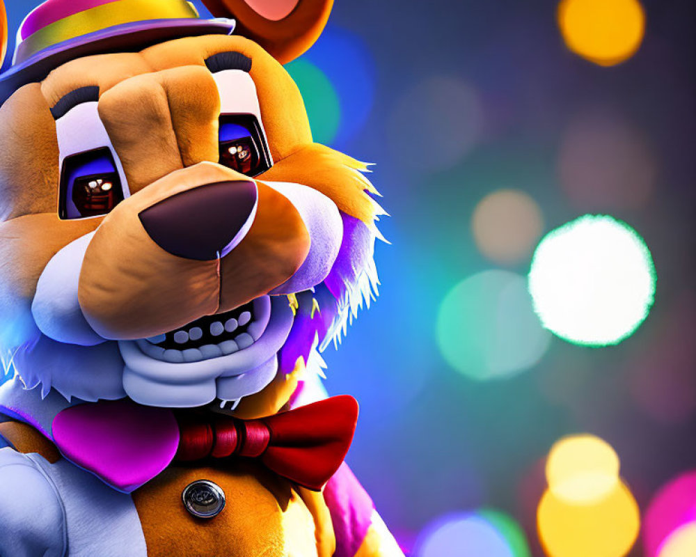 Colorful 3D Cartoon Bear in Top Hat and Bowtie on Bright Lights Background