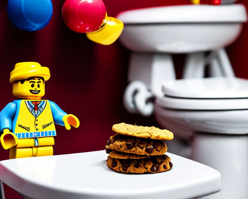 Lego figure with cookies on toilet lid, colorful balls, red wall