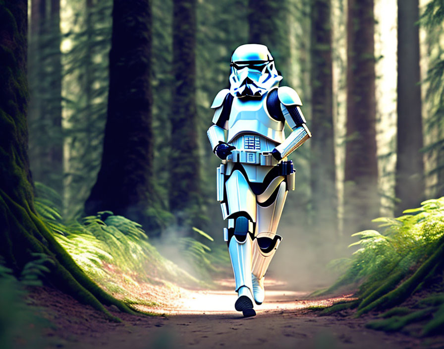 Stormtrooper running in sunlit forest with blaster.