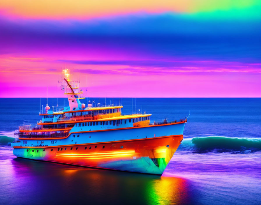 Colorful ship sailing at dusk with pink, purple, and blue hues in sky and sea