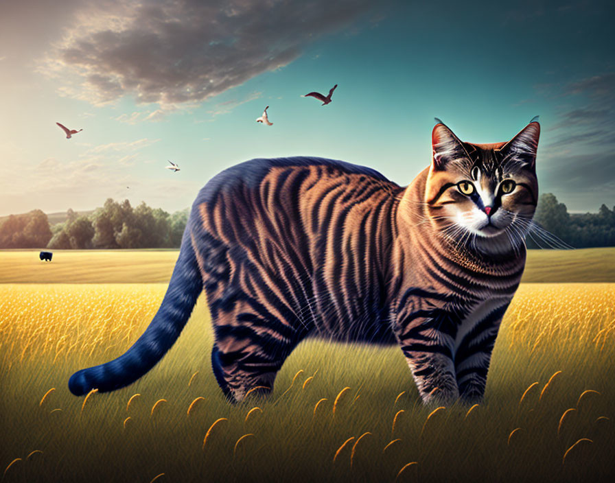 Digitally altered image of oversized housecat with tiger stripes in golden field at sunset