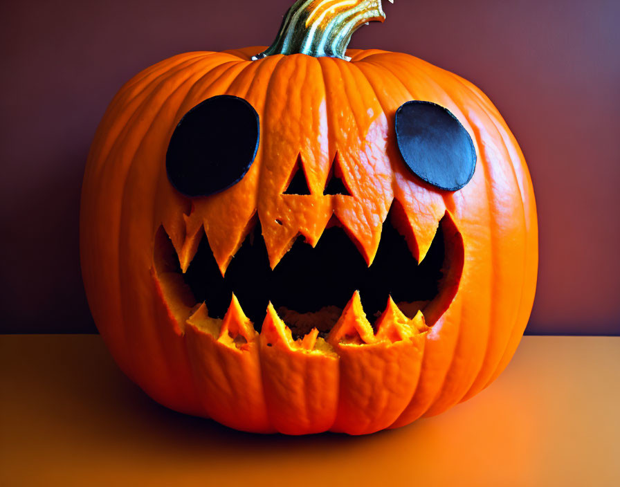 Carved pumpkin with glowing eyes on table, purple background