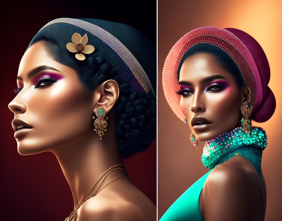 Diptych of Woman with Vibrant Makeup and Stylish Hat