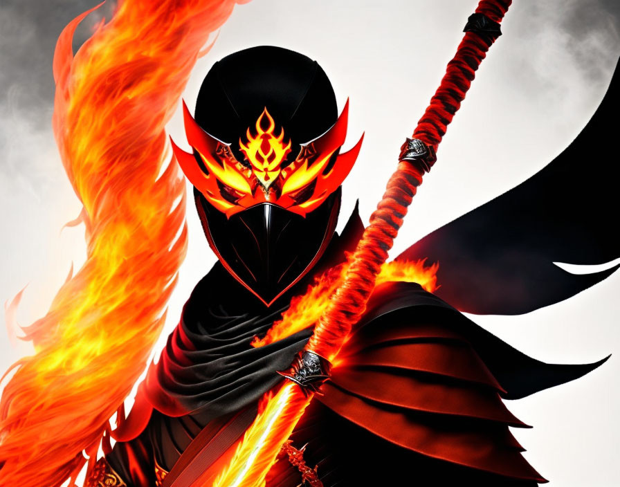 Stylized warrior illustration with flaming helmet and winged spear