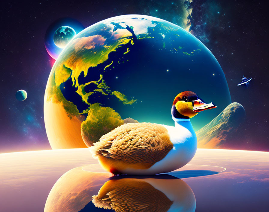 Colorful digital artwork: Duck in space with Earth and nebulae