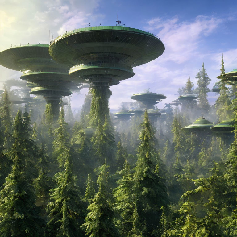 Disc-shaped futuristic buildings above lush green forest in misty sunlight.