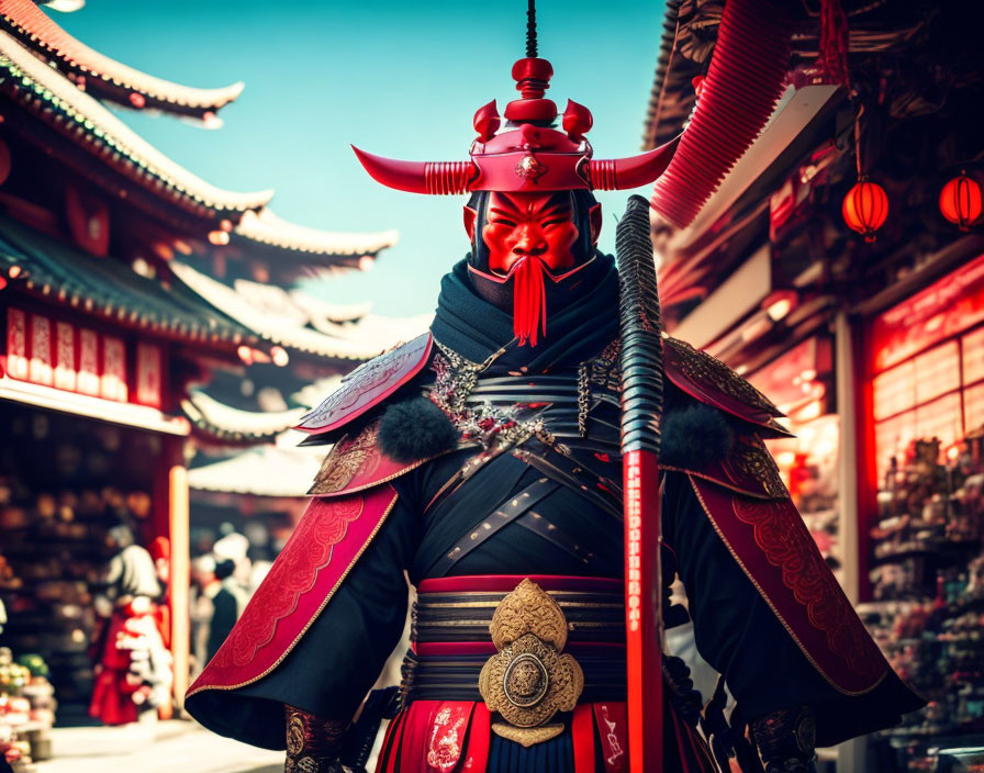 Traditional samurai warrior in red armor holding naginata at temple.