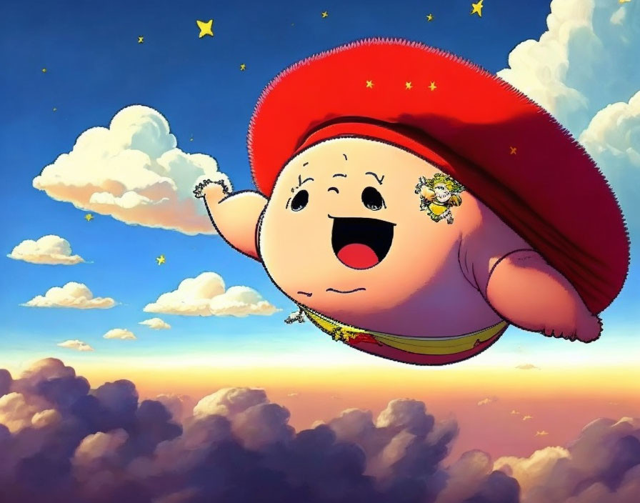 Chubby cartoon character in red hat floating among fluffy clouds