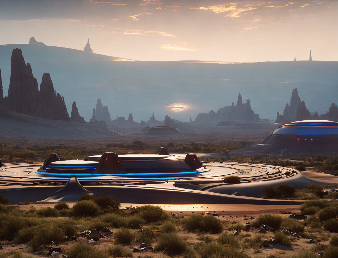 Futuristic spaceport with sleek spacecraft in desert landscape