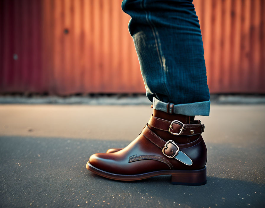 Person in Blue Jeans and Brown Leather Boots on Asphalt with Blurred Red Background