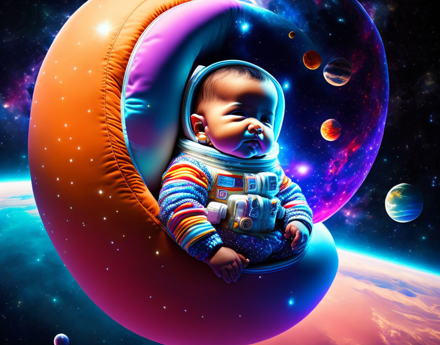 Colorful Astronaut Suit Baby on Ring in Space with Planets & Stars