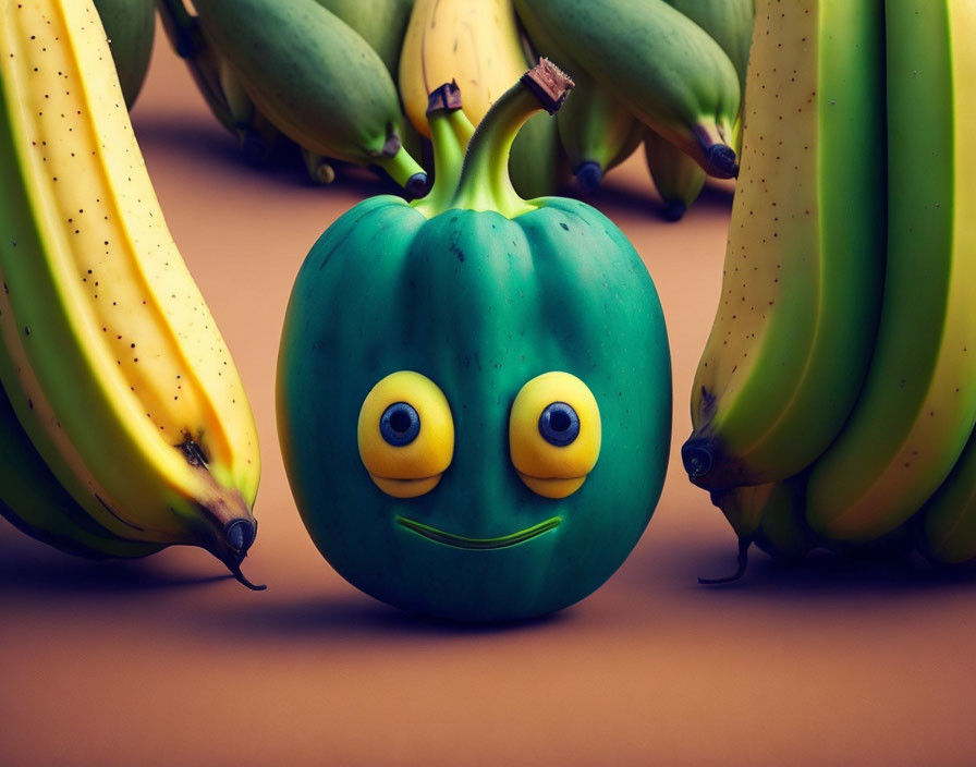 Whimsical green pepper with googly eyes and bananas on muted background