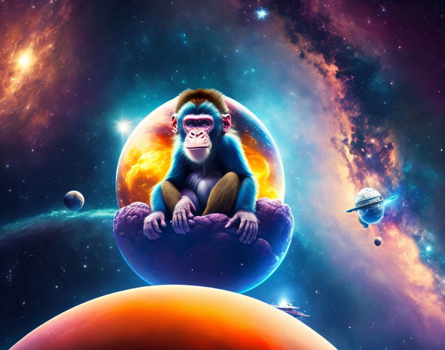 Colorful cosmic scene with monkey on planet and nebulae.