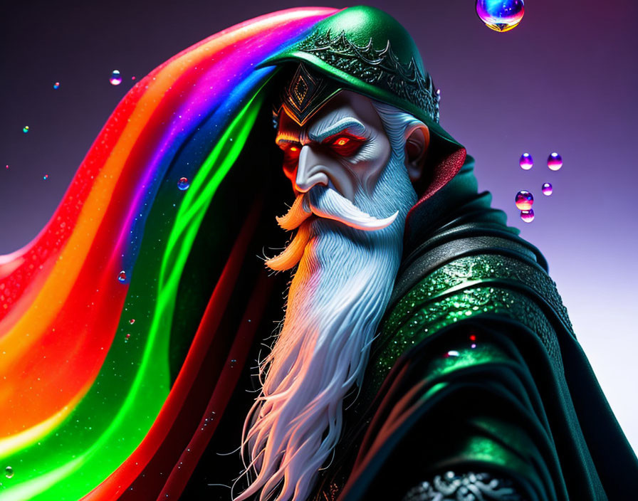 Fantasy character with multicolored beard, green cloak, and crown-like headdress in whimsical