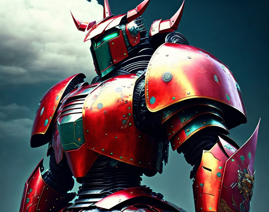 Samurai robot in vibrant red armor against stormy sky