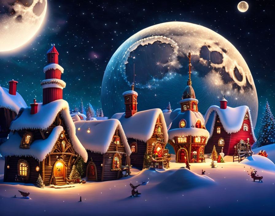 Snow-covered winter village at night with illuminated houses, moon, and reindeer.