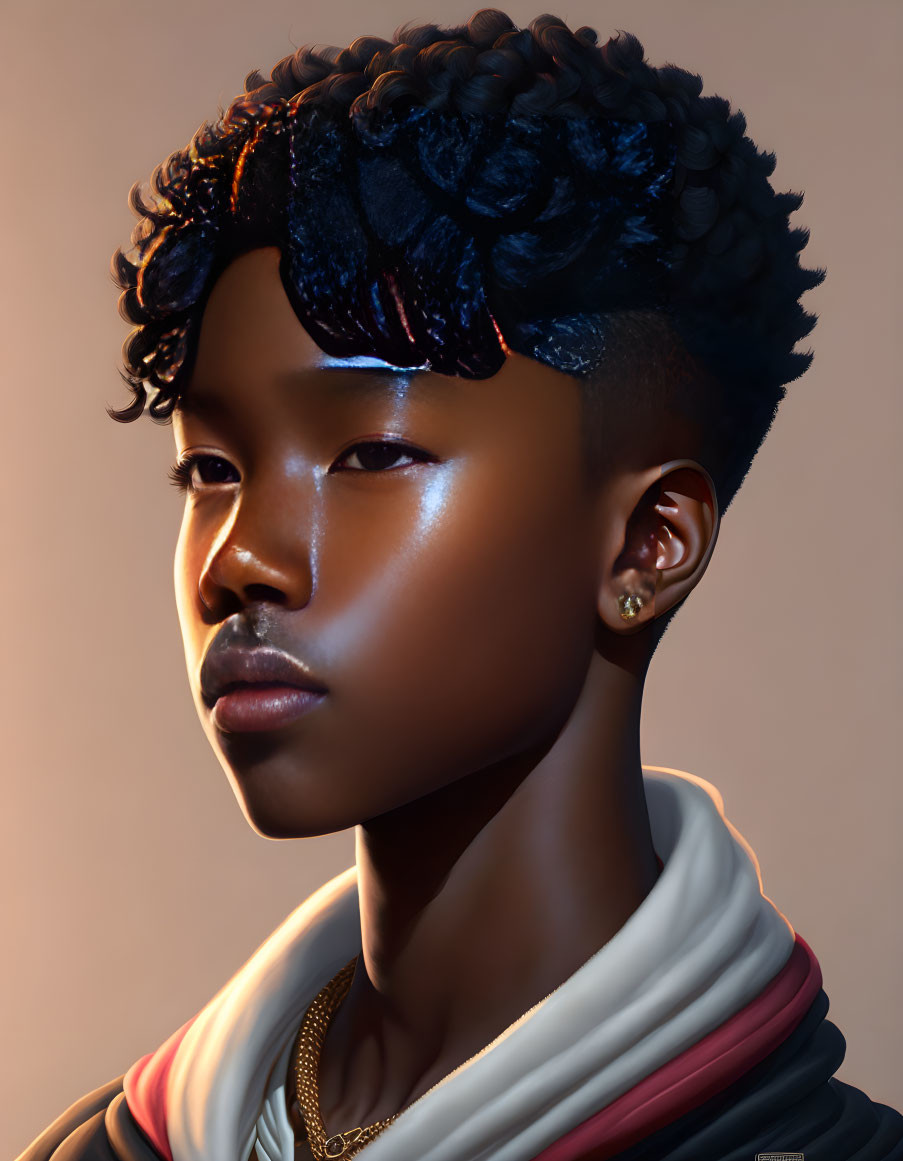 Stylized digital portrait with highlighted skin and multicolored scarf