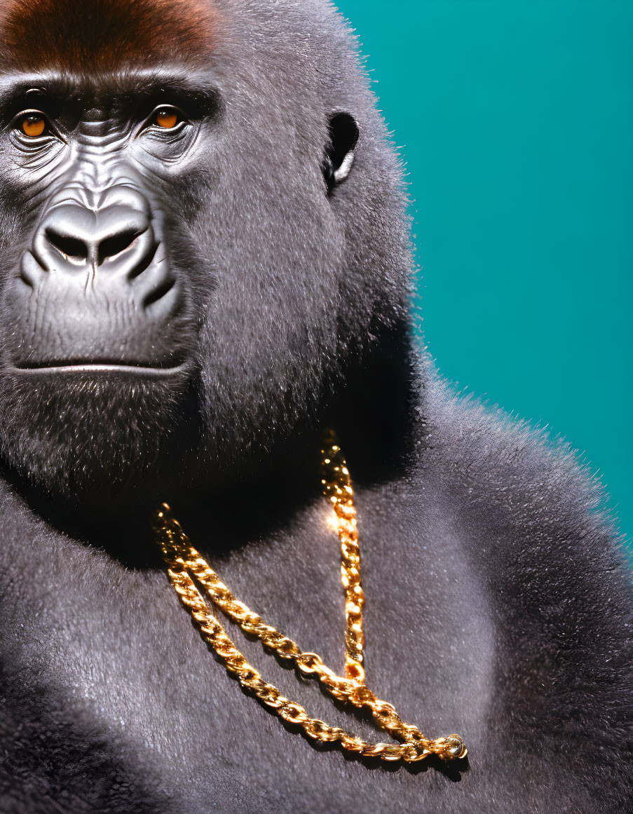 Stern Gorilla with Gold Chain on Teal Background